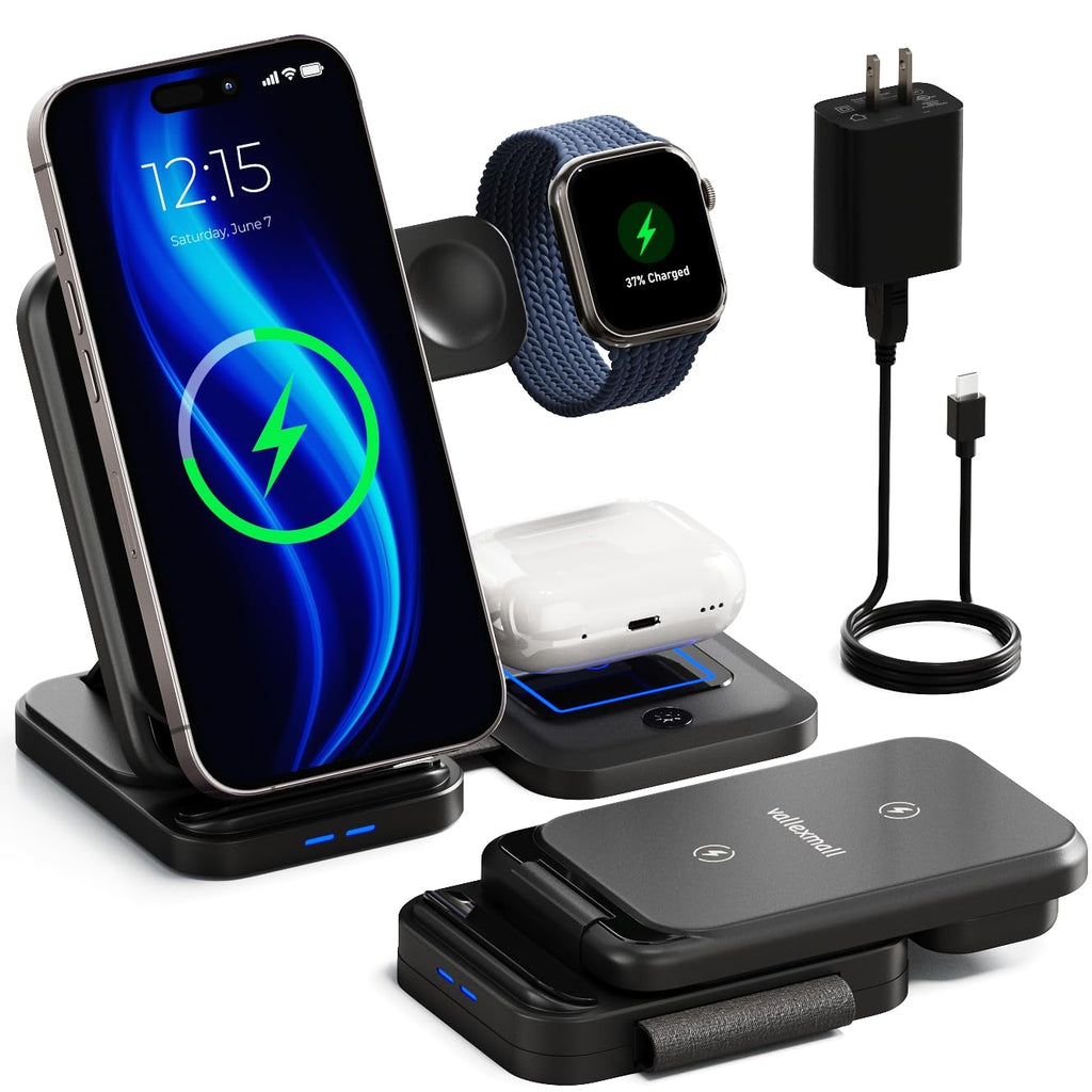 3 in 1 Wireless Charging Station for Multiple Apple Devices, iPhone 17 16 15 14 13 12 11 Pro Max XS XR X 8 Plus, Apple Watch 9 8 7 6 5 4 3 2 SE, AirPods 3 2 Pro, Fast Charger Foldable Dock Stand
