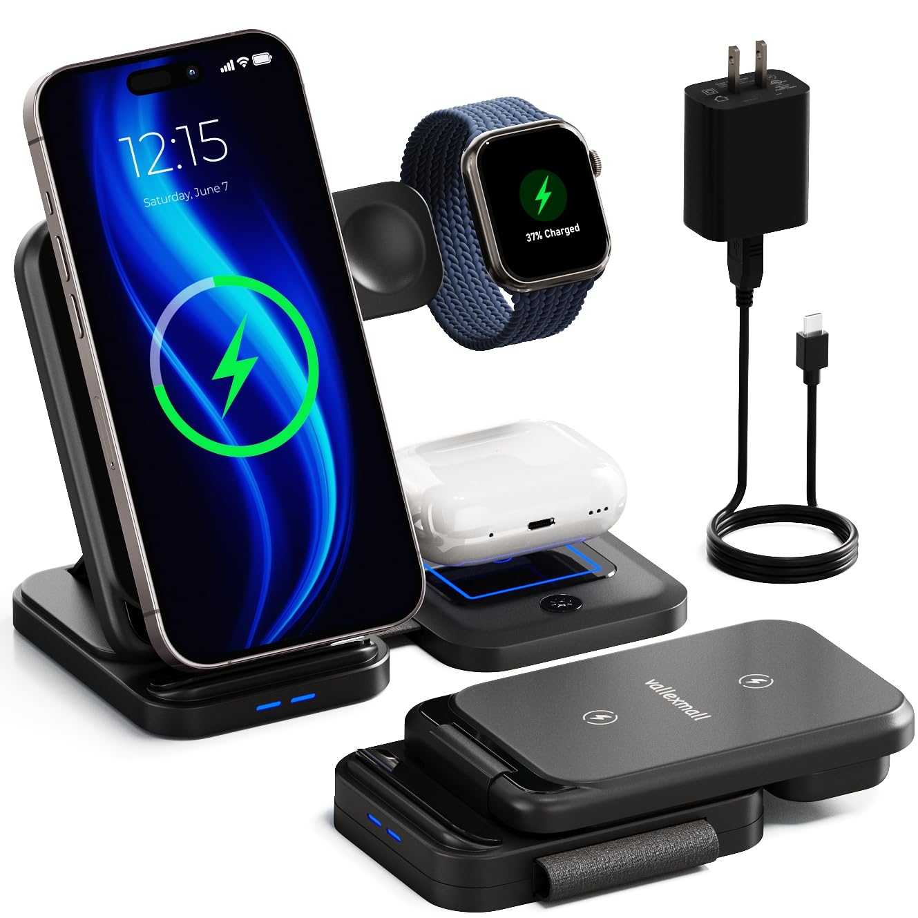 3 in 1 Wireless Charging Station for Multiple Apple Devices, iPhone 17 16 15 14 13 12 11 Pro Max XS XR X 8 Plus, Apple Watch 9 8 7 6 5 4 3 2 SE, AirPods 3 2 Pro, Fast Charger Foldable Dock Stand