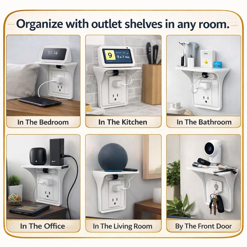 (2 PACK) Outlet Shelf with Cord Storage – Wall Mount Organizer for Echo Dot, HomePod Mini, Alexa and Smart Home Devices – Bathroom Space Saver, Renter-Friendly for Kitchen, Bedroom, Office