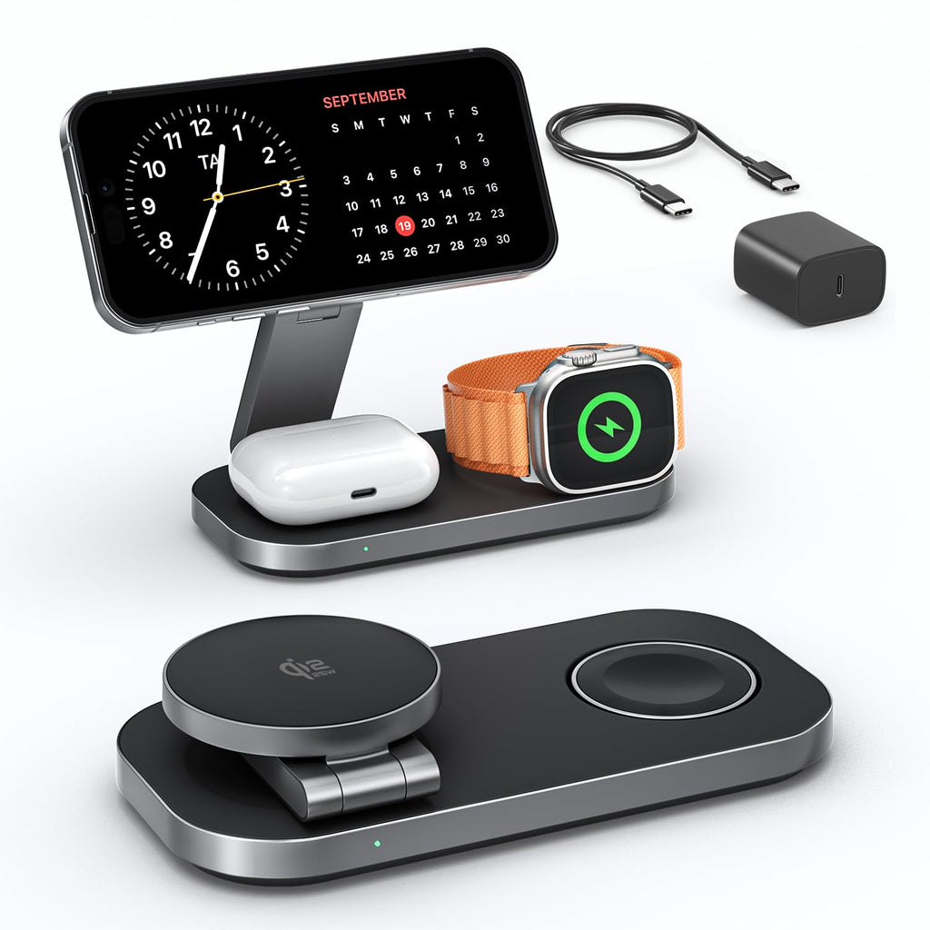 3-in-1 Charging Station for Apple Device, Qi2 25W Magnetic Wireless Foldable Fast Charger Stand Compatible with MagSafe for iPhone Air/17/16/15/14/13/12 Series, Apple Watch & AirPods