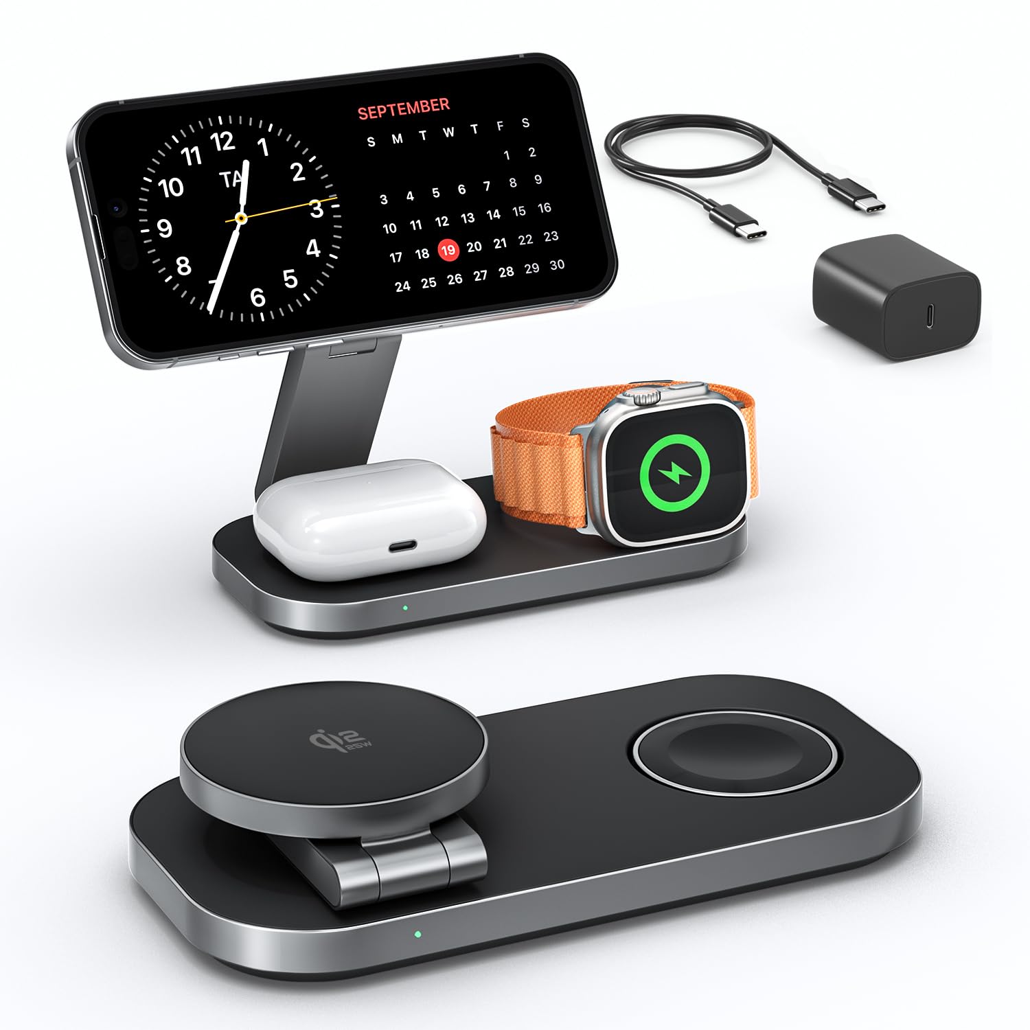 3-in-1 Charging Station for Apple Device, Qi2 25W Magnetic Wireless Foldable Fast Charger Stand Compatible with MagSafe for iPhone Air/17/16/15/14/13/12 Series, Apple Watch & AirPods