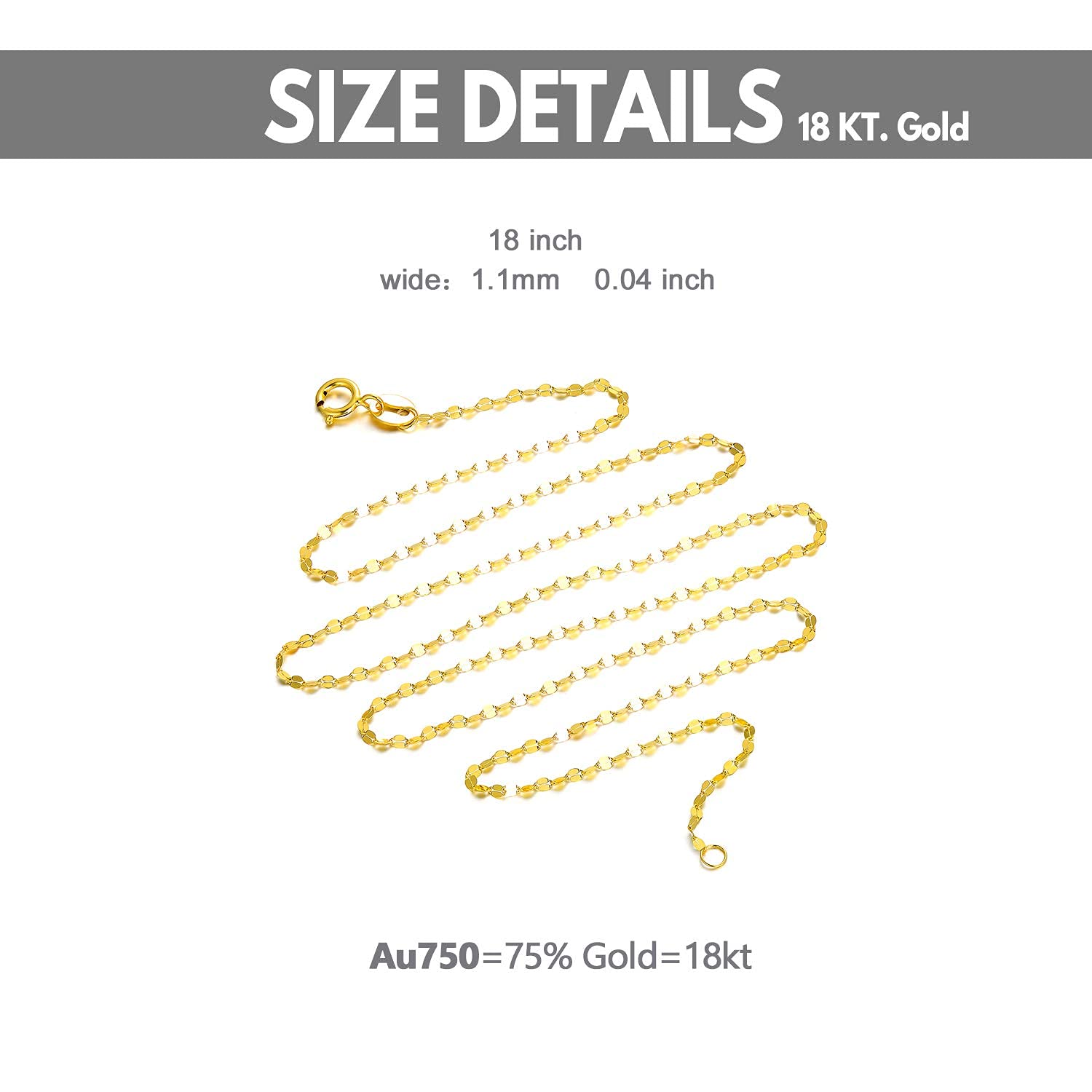 18K Solid Gold Mirror Chain Necklace for Women, 1.7MM Yellow Gold Italian Mirror Link Chain Necklace Christmas Annversary Jewelry Gift for Women 18"