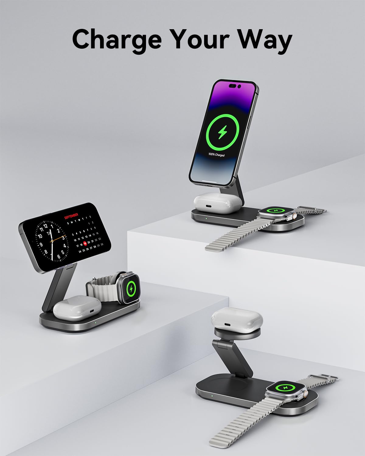 3-in-1 Charging Station for Apple Device, Qi2 25W Magnetic Wireless Foldable Fast Charger Stand Compatible with MagSafe for iPhone Air/17/16/15/14/13/12 Series, Apple Watch & AirPods