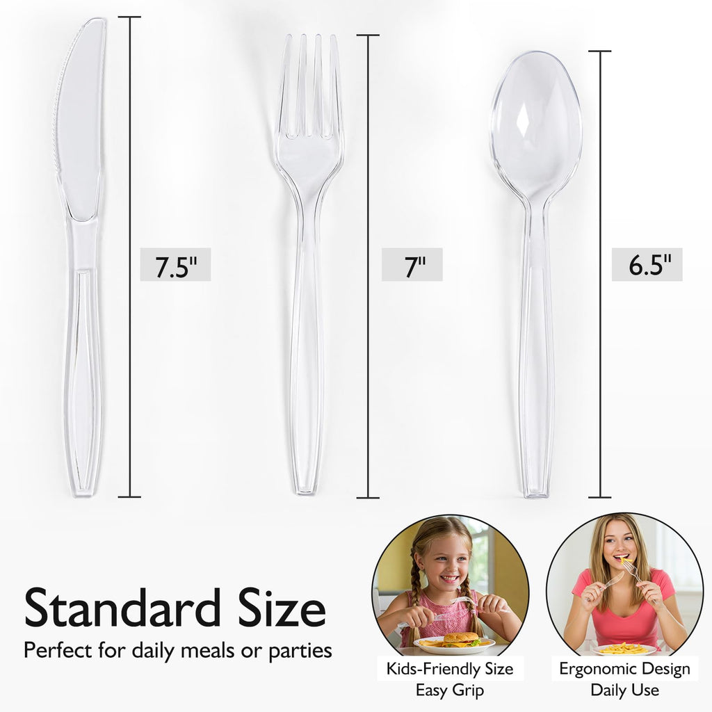 300 Count Heavy Duty Clear Plastic Silverware, Disposable Plastic Utensils Set, 100 Forks, 100 Spoons, 100 Knives, BPA-Free Heat Resistant Durable Plastic Cutlery Set for Party