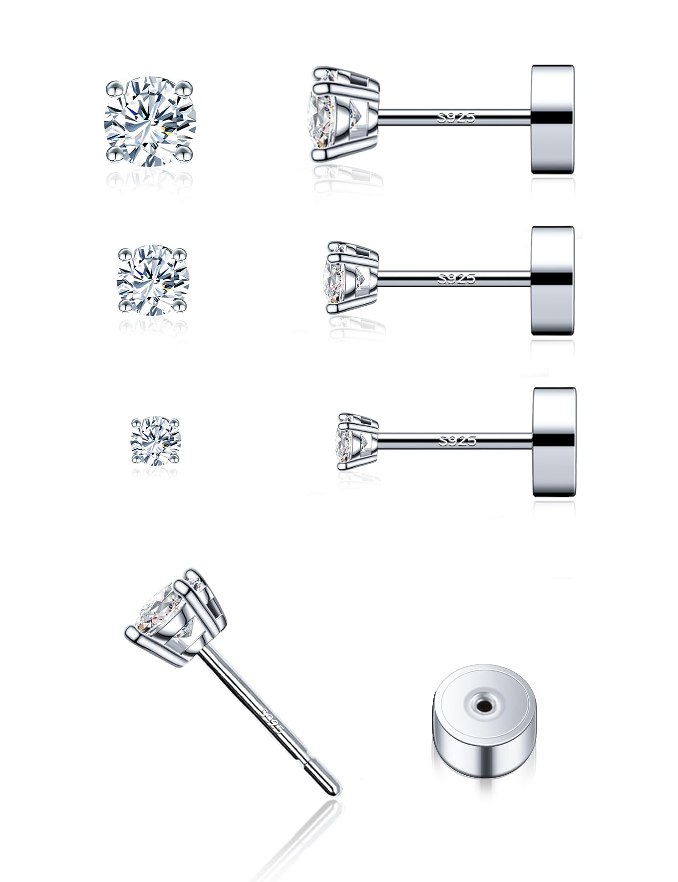 3 Pairs Moissanite Flatback Stud Earrings for Women, 925 Sterling Silver Hypoallergenic Flat Back Cartilage Earrings Set, 18K White Gold Plated (2,3,4mm)