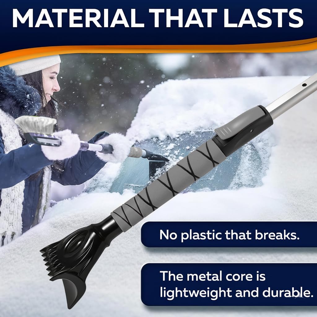 34.5" Snow Brush & Ice Scrapers for Car Windshield with Foam Grip for Cars Extendable, SUV, Trucks - Detachable Сar Scraper - No Scratch - Heavy Duty Handle, Snow Broom, Remover, Easy Scraper, Gray