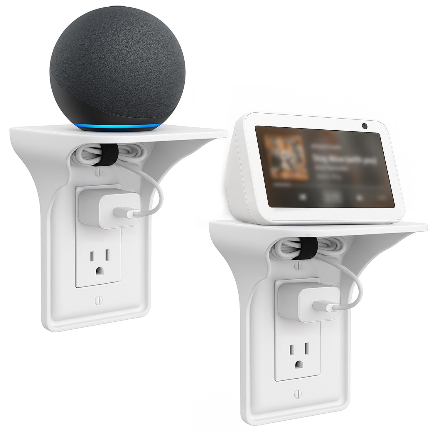 (2 PACK) Outlet Shelf with Cord Storage – Wall Mount Organizer for Echo Dot, HomePod Mini, Alexa and Smart Home Devices – Bathroom Space Saver, Renter-Friendly for Kitchen, Bedroom, Office