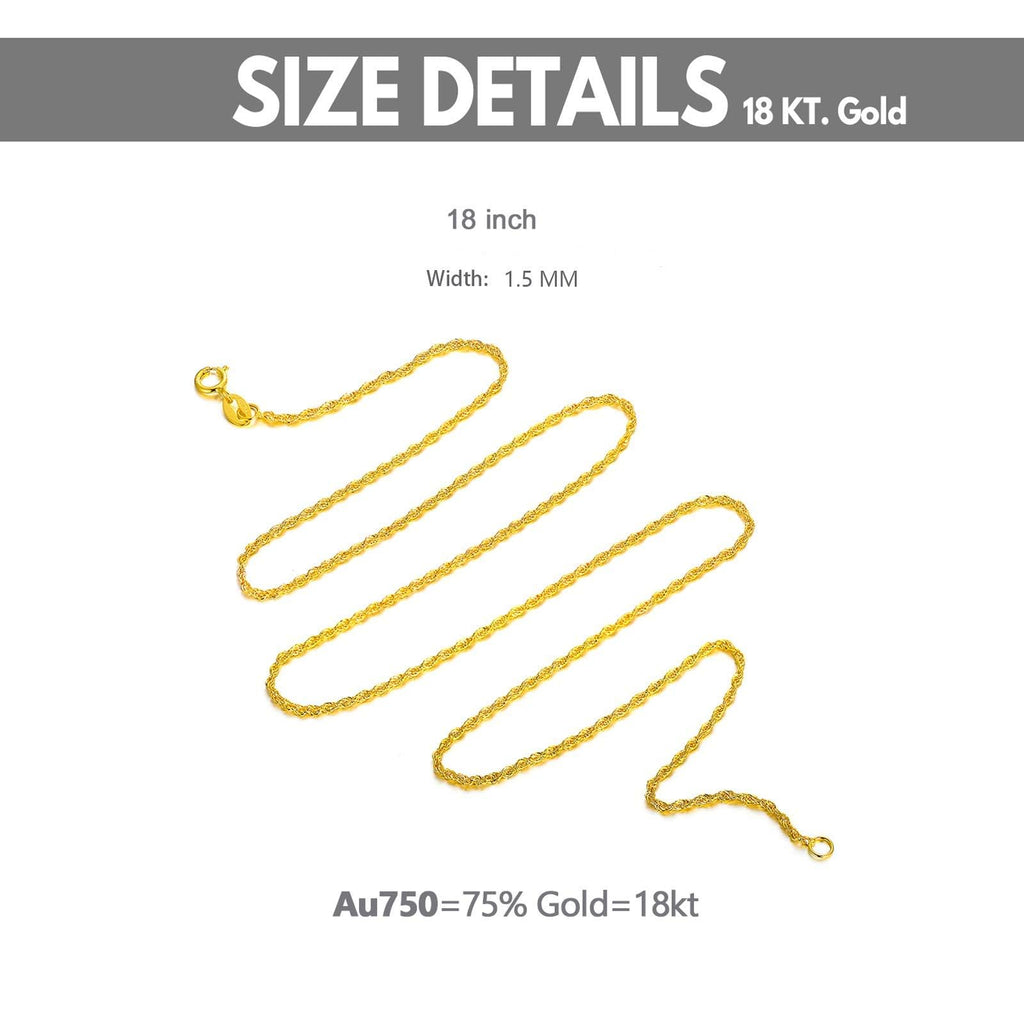 18K Solid Gold Rope Chain Necklace for Women, 1.5MM Yellow Gold Italian Durable Rope Chain Necklace Jewelry Anniversary Birthday Gift for Mom, Wife, Sister 18”