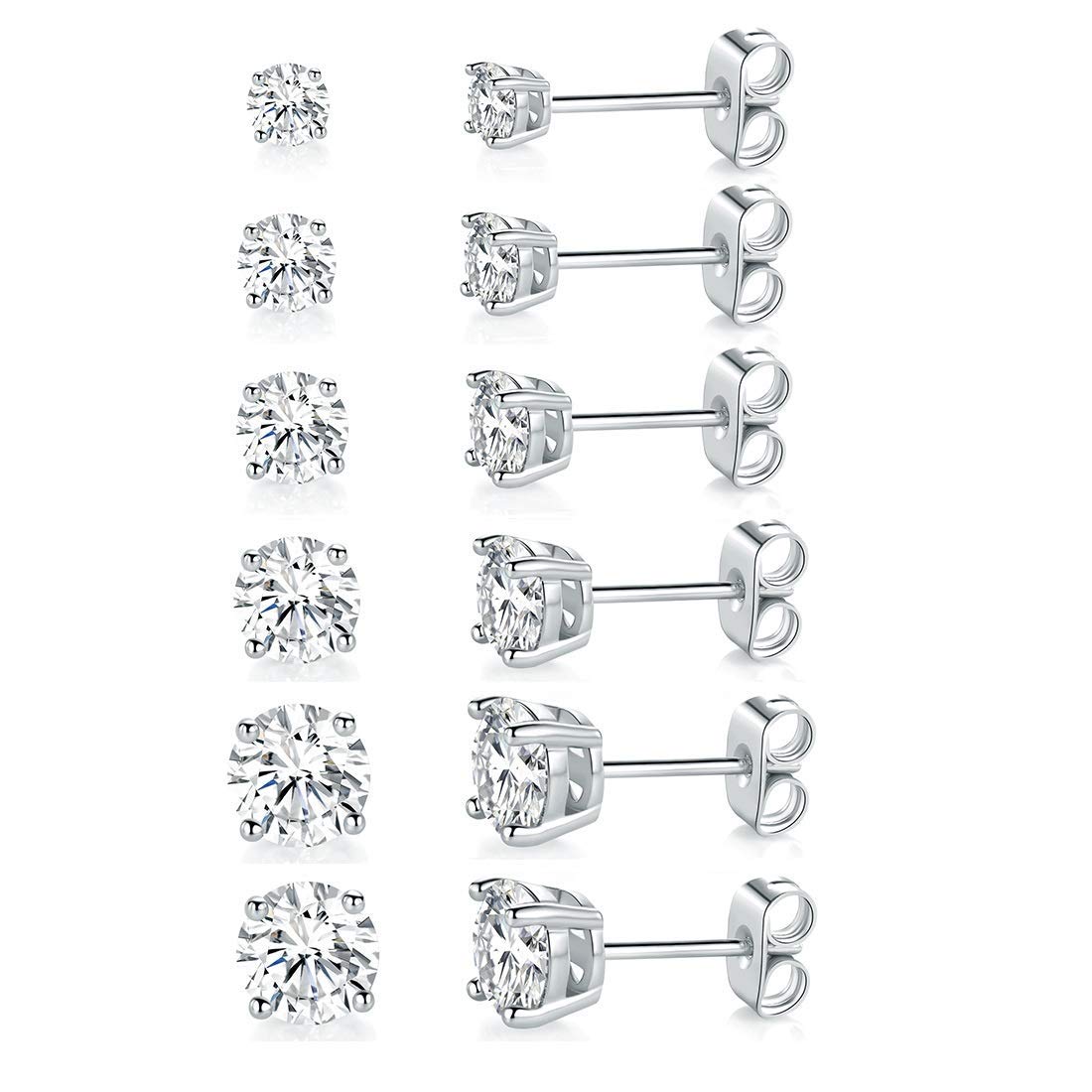 18K White Gold Plated 4 Pong Round Clear Cubic Zirconia Stud Earring Pack of 6 Pairs (6 Pairs)