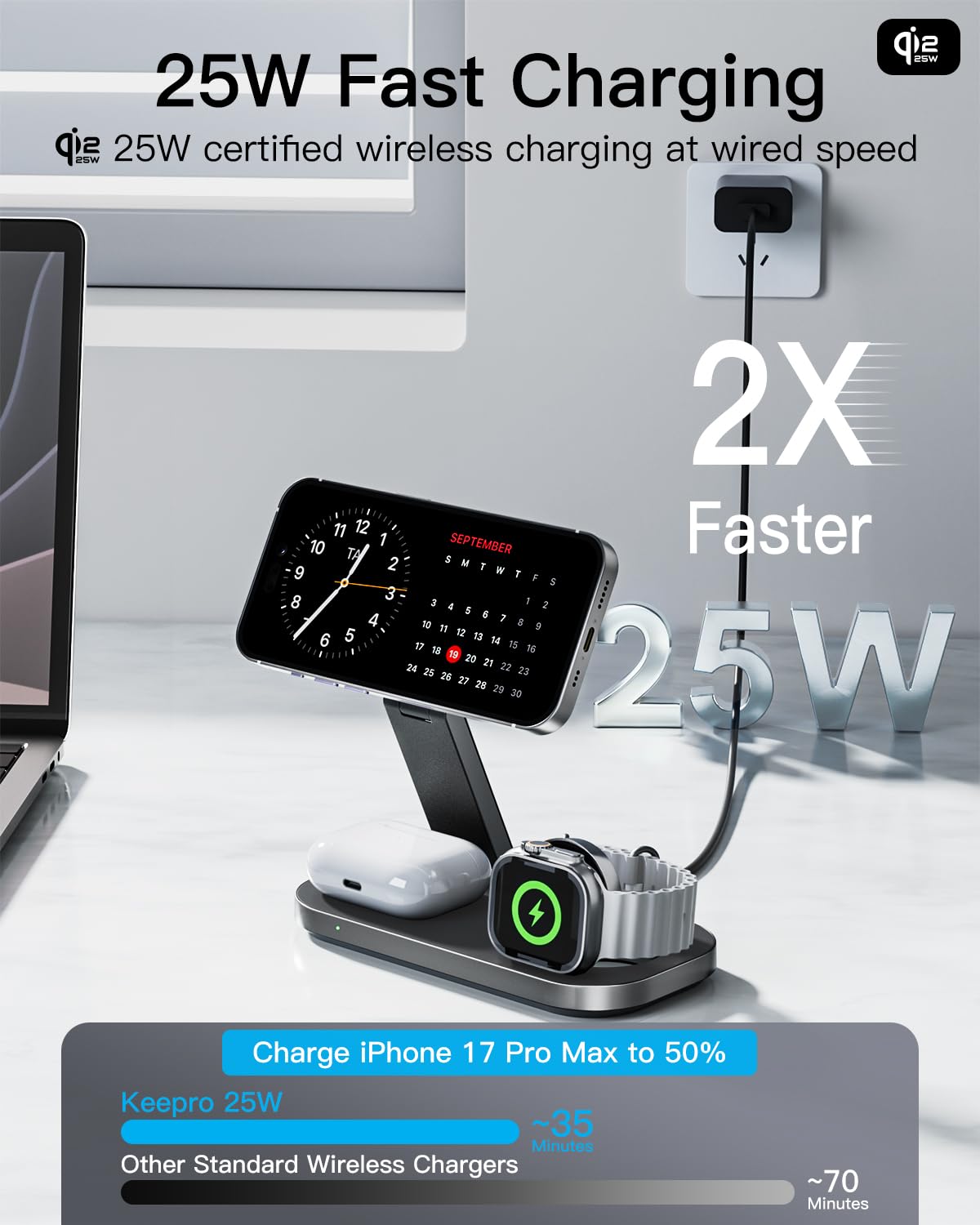 3-in-1 Charging Station for Apple Device, Qi2 25W Magnetic Wireless Foldable Fast Charger Stand Compatible with MagSafe for iPhone Air/17/16/15/14/13/12 Series, Apple Watch & AirPods