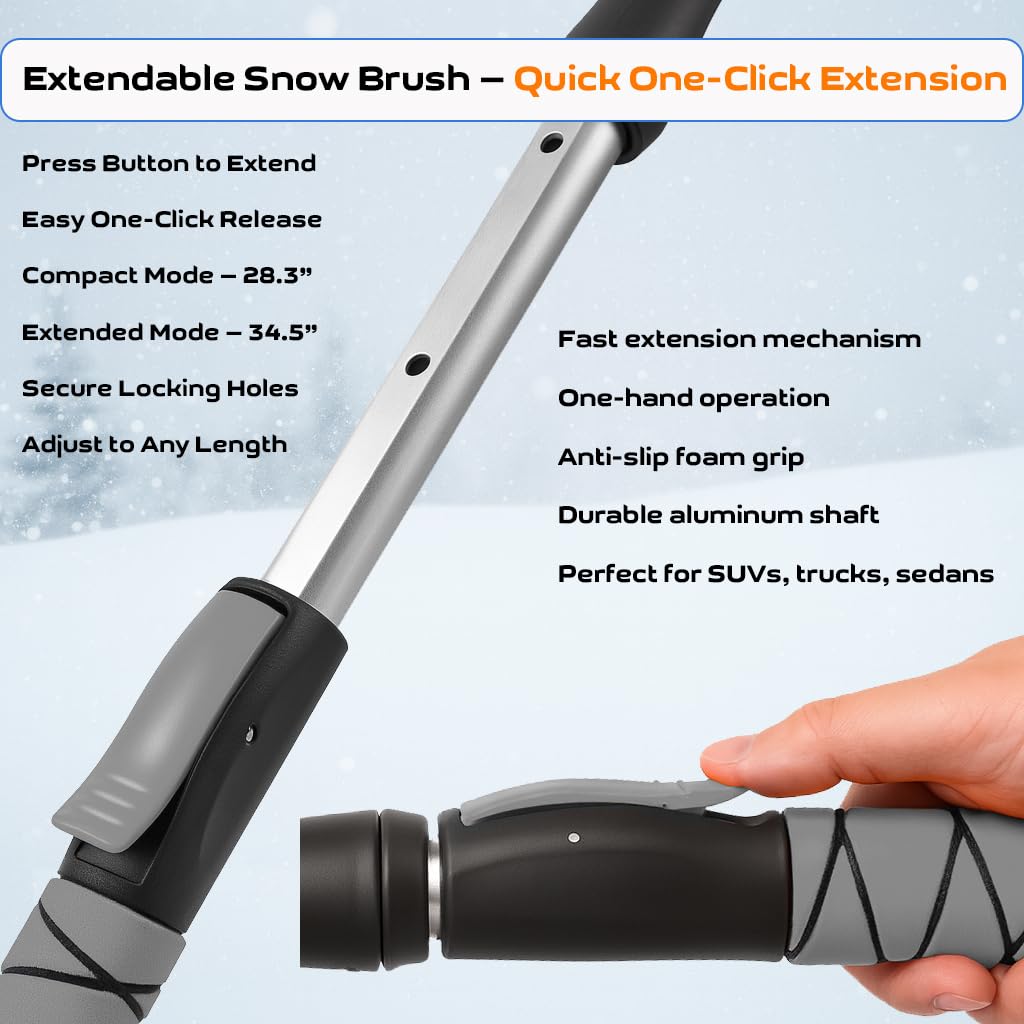 34.5" Snow Brush & Ice Scrapers for Car Windshield with Foam Grip for Cars Extendable, SUV, Trucks - Detachable Сar Scraper - No Scratch - Heavy Duty Handle, Snow Broom, Remover, Easy Scraper, Gray