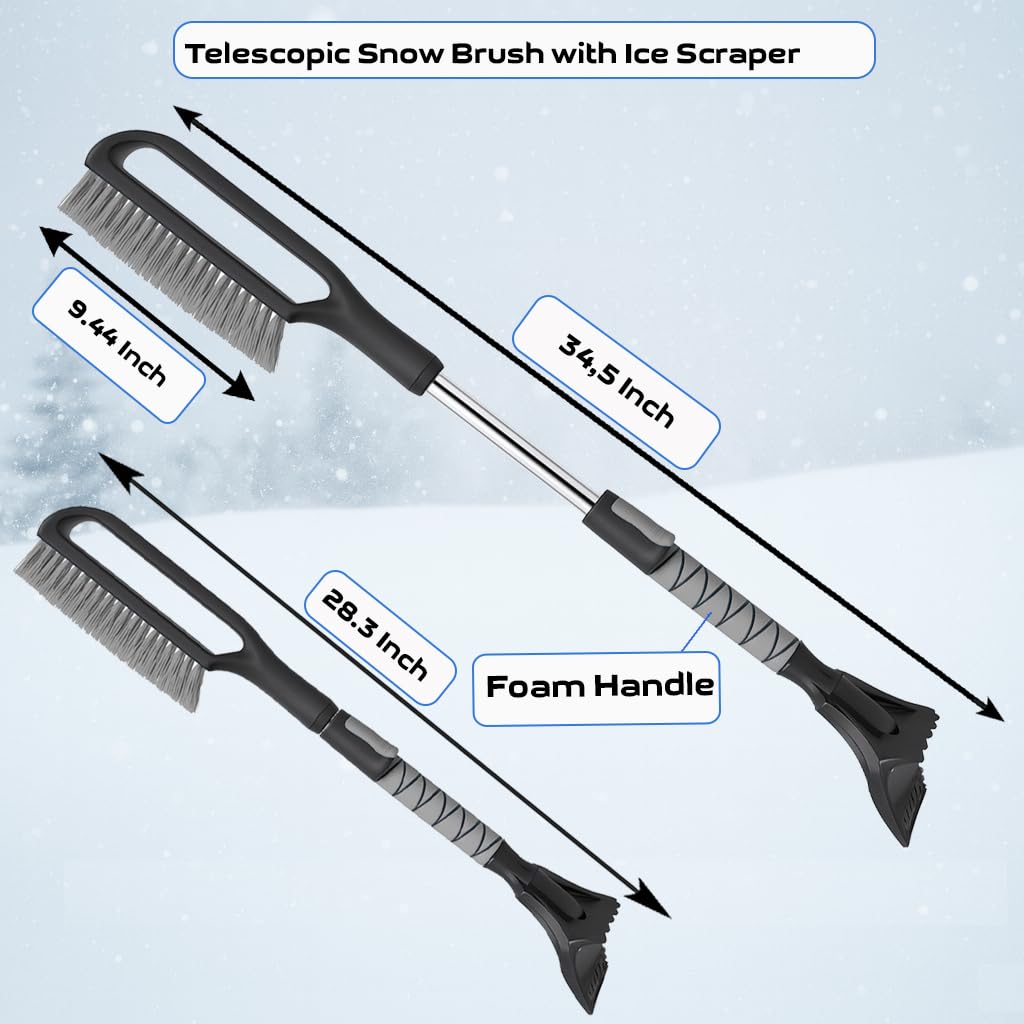 34.5" Snow Brush & Ice Scrapers for Car Windshield with Foam Grip for Cars Extendable, SUV, Trucks - Detachable Сar Scraper - No Scratch - Heavy Duty Handle, Snow Broom, Remover, Easy Scraper, Gray