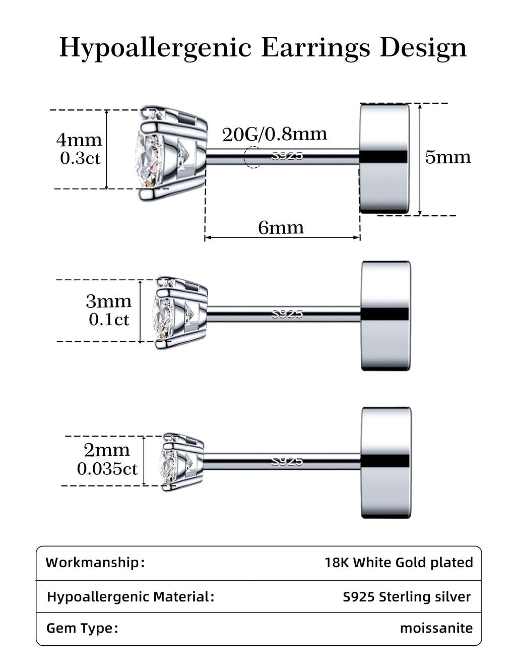 3 Pairs Moissanite Flatback Stud Earrings for Women, 925 Sterling Silver Hypoallergenic Flat Back Cartilage Earrings Set, 18K White Gold Plated (2,3,4mm)
