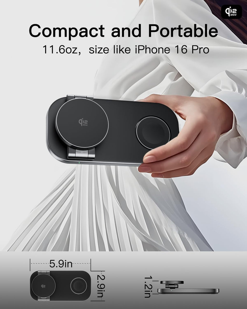 3-in-1 Charging Station for Apple Device, Qi2 25W Magnetic Wireless Foldable Fast Charger Stand Compatible with MagSafe for iPhone Air/17/16/15/14/13/12 Series, Apple Watch & AirPods