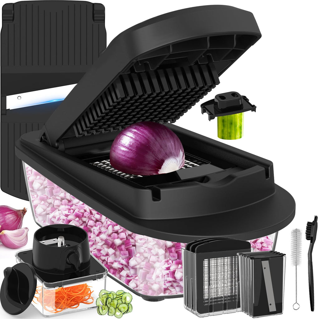 12 Blade All-in-1 Vegetable Chopper Mandoline Slicer with Container, Spiralizer with Containers, Food Chopper, Onion Chopper, Veggie Cutter for Salad, Kitchen Gadgets Accessories Essentials, Black