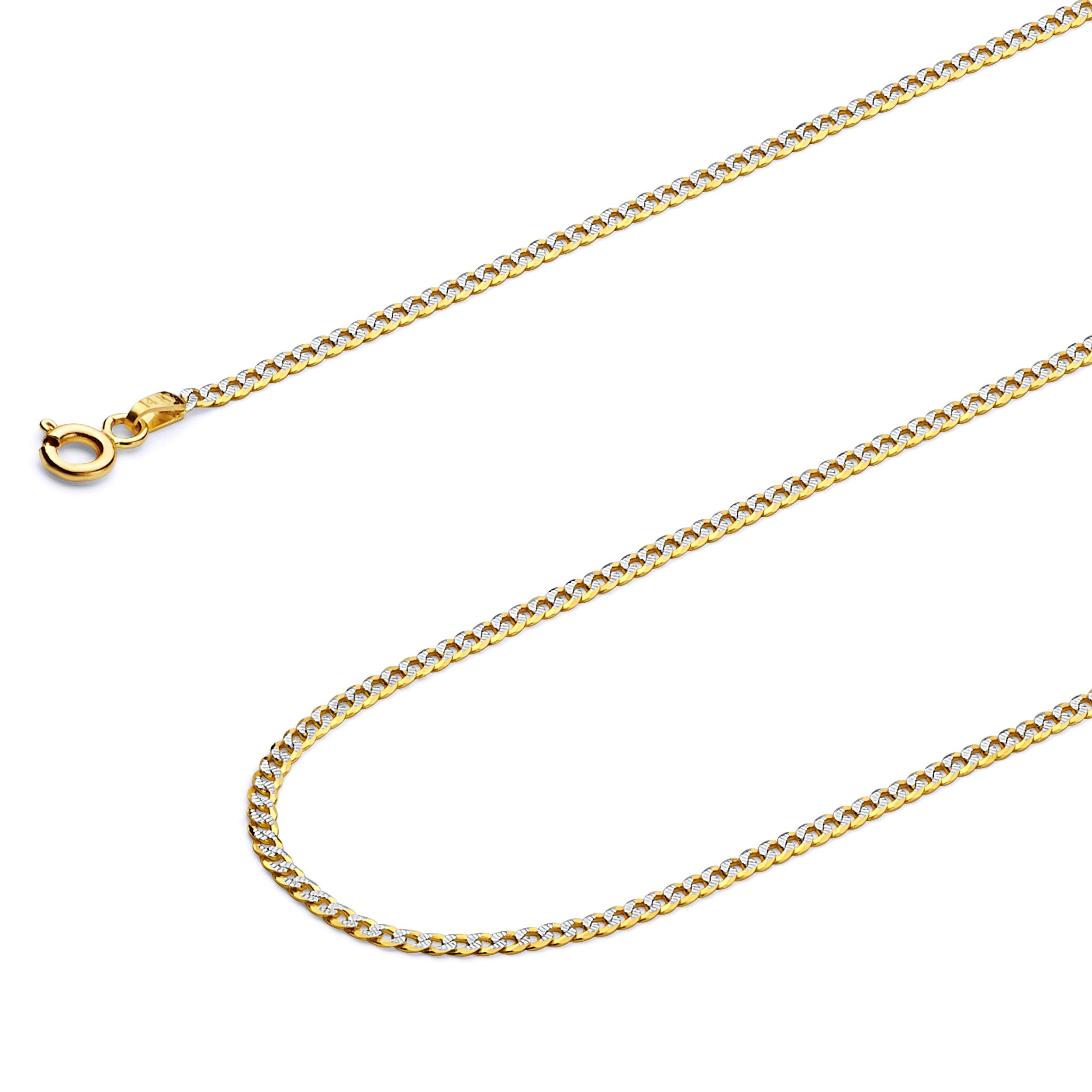 14k REAL Two Tone Gold Solid 2mm Cuban Concave Curb White Pave Chain Necklace with Spring Ring Clasp - 16"
