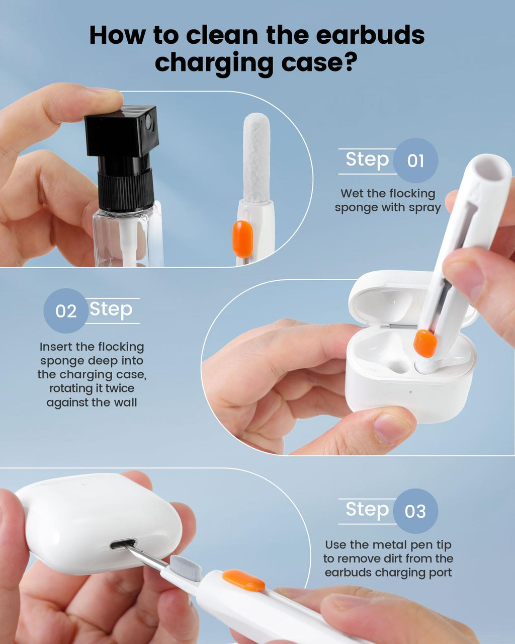 20-in-1 for AirPod Cleaner Kit Pro 4 3 2 1 - Multifunction Cleaning Tool for Headphones Earbuds Phone Laptop Keyboard Screen - Metal Tip, Soft Brush, Flocking Sponge, 15ml Spray, Cloth, Putty