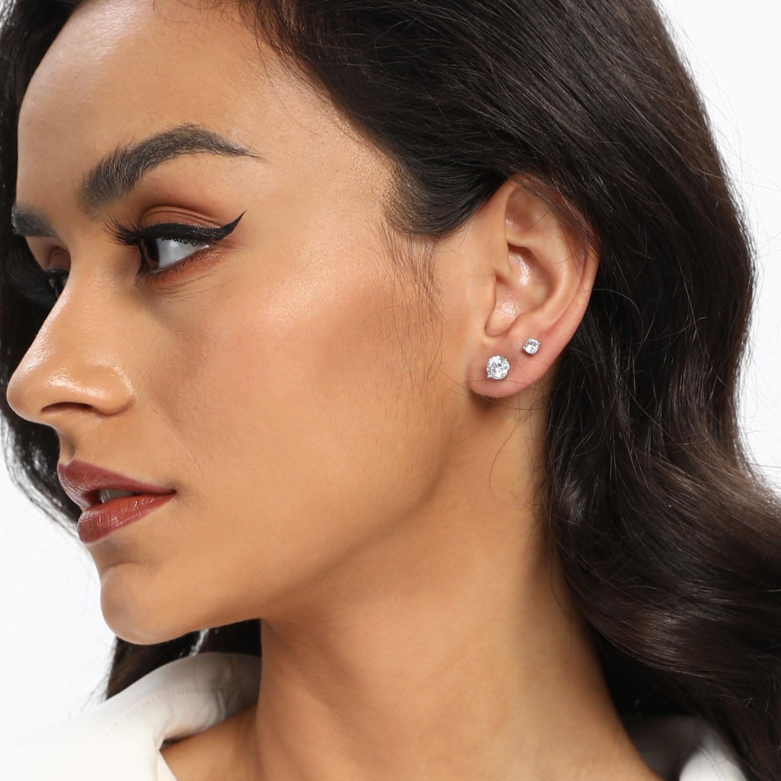 18K White Gold Plated 4 Pong Round Clear Cubic Zirconia Stud Earring Pack of 6 Pairs (6 Pairs)