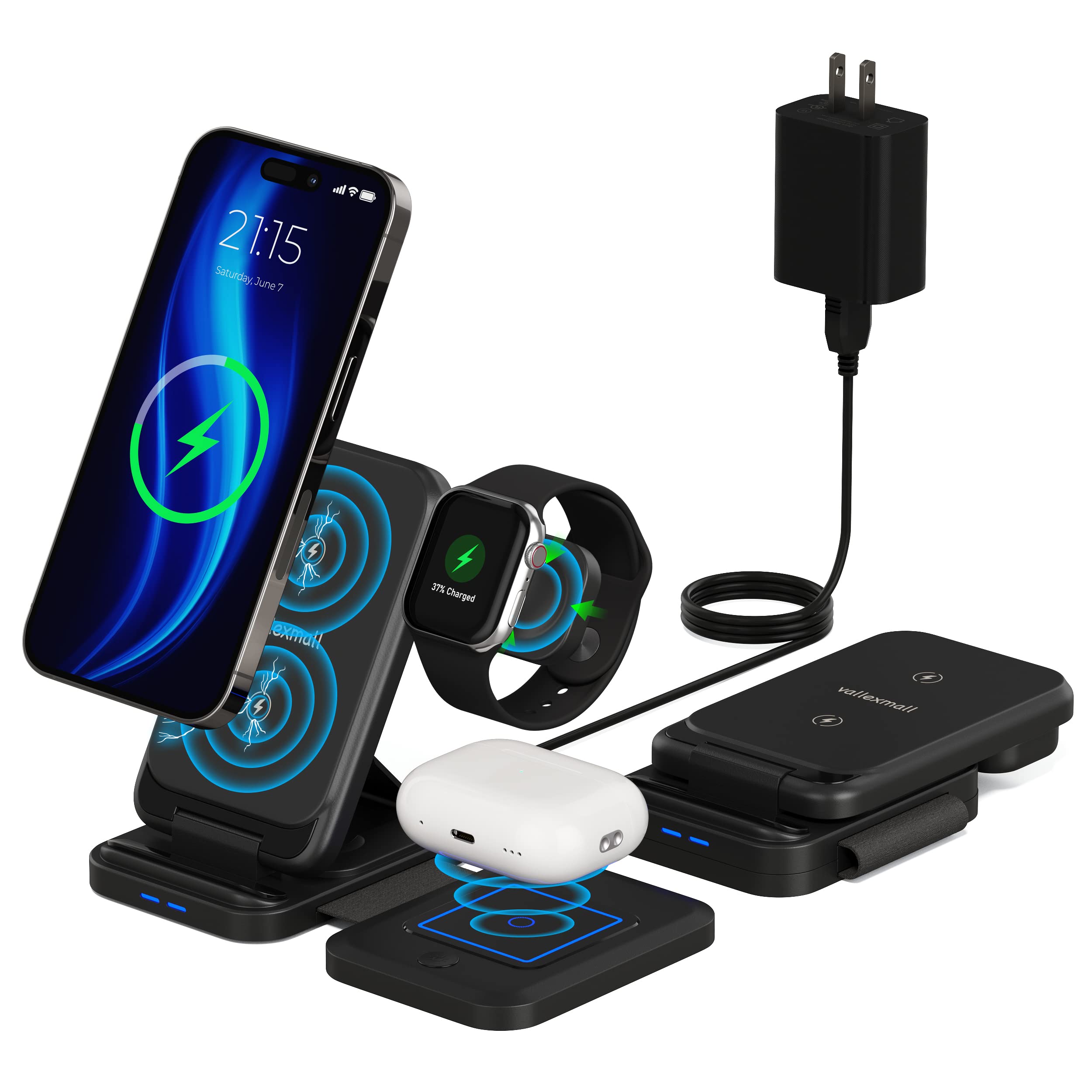 3 in 1 Wireless Charging Station for Multiple Apple Devices, iPhone 17 16 15 14 13 12 11 Pro Max XS XR X 8 Plus, Apple Watch 9 8 7 6 5 4 3 2 SE, AirPods 3 2 Pro, Fast Charger Foldable Dock Stand