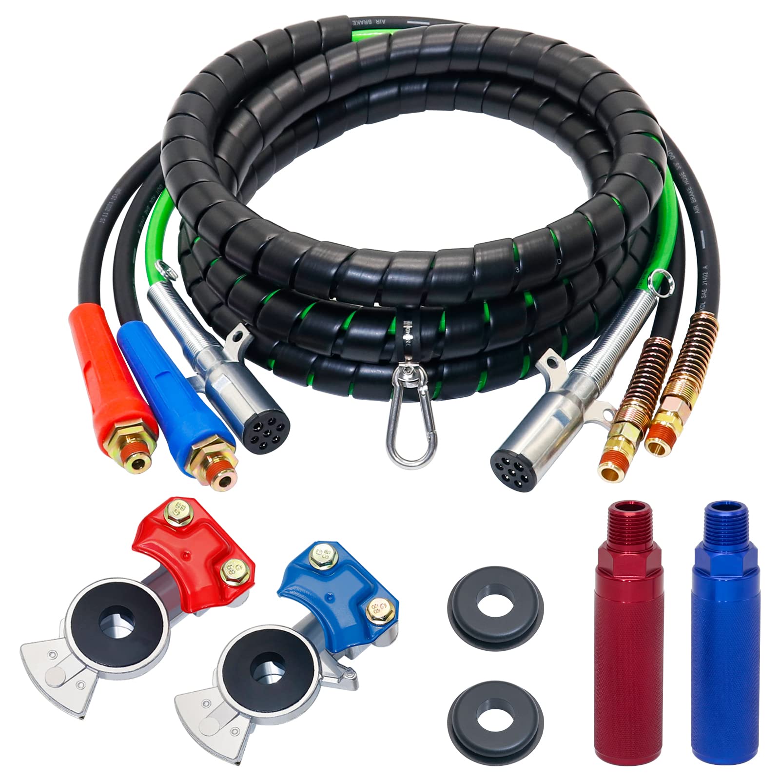 15FT Air Line Hose Kits, Dazakoot 3 in 1 Air Line for Truck Tractor Trailer, 7 Way ABS Electrical Cable and Semi AirLine Assembly with Aluminum Extension Handles and Emergency Glad Hands