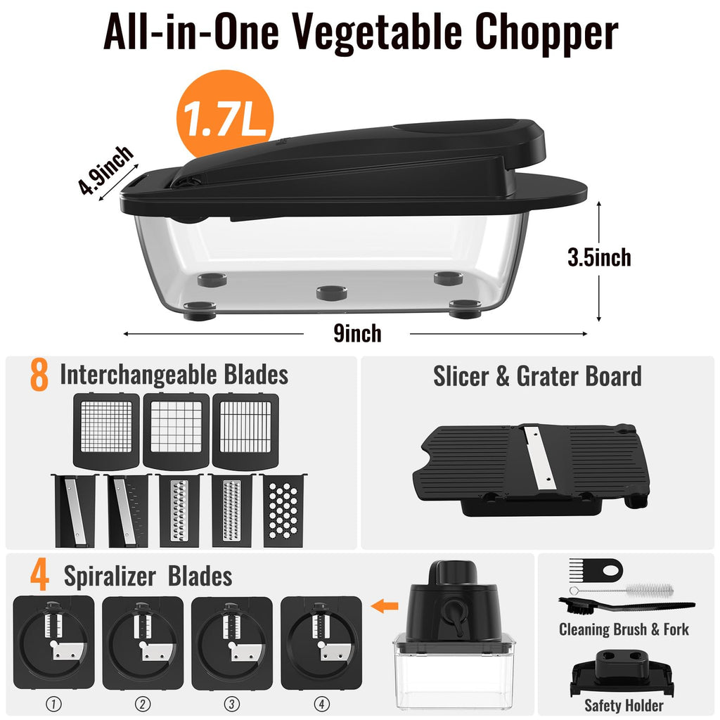 12 Blade All-in-1 Vegetable Chopper Mandoline Slicer with Container, Spiralizer with Containers, Food Chopper, Onion Chopper, Veggie Cutter for Salad, Kitchen Gadgets Accessories Essentials, Black