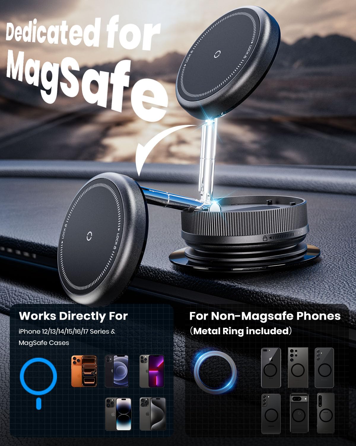 2026 Upgraded 360° Vacuum Magnetic Car Phone Holder for Magsafe [96+LBS Strongest Suction & 2800gf Strongest Magnetic], Adjustable Car Phone Mount for Your Car/Gym/Mirror/Shower for iPhone & Android