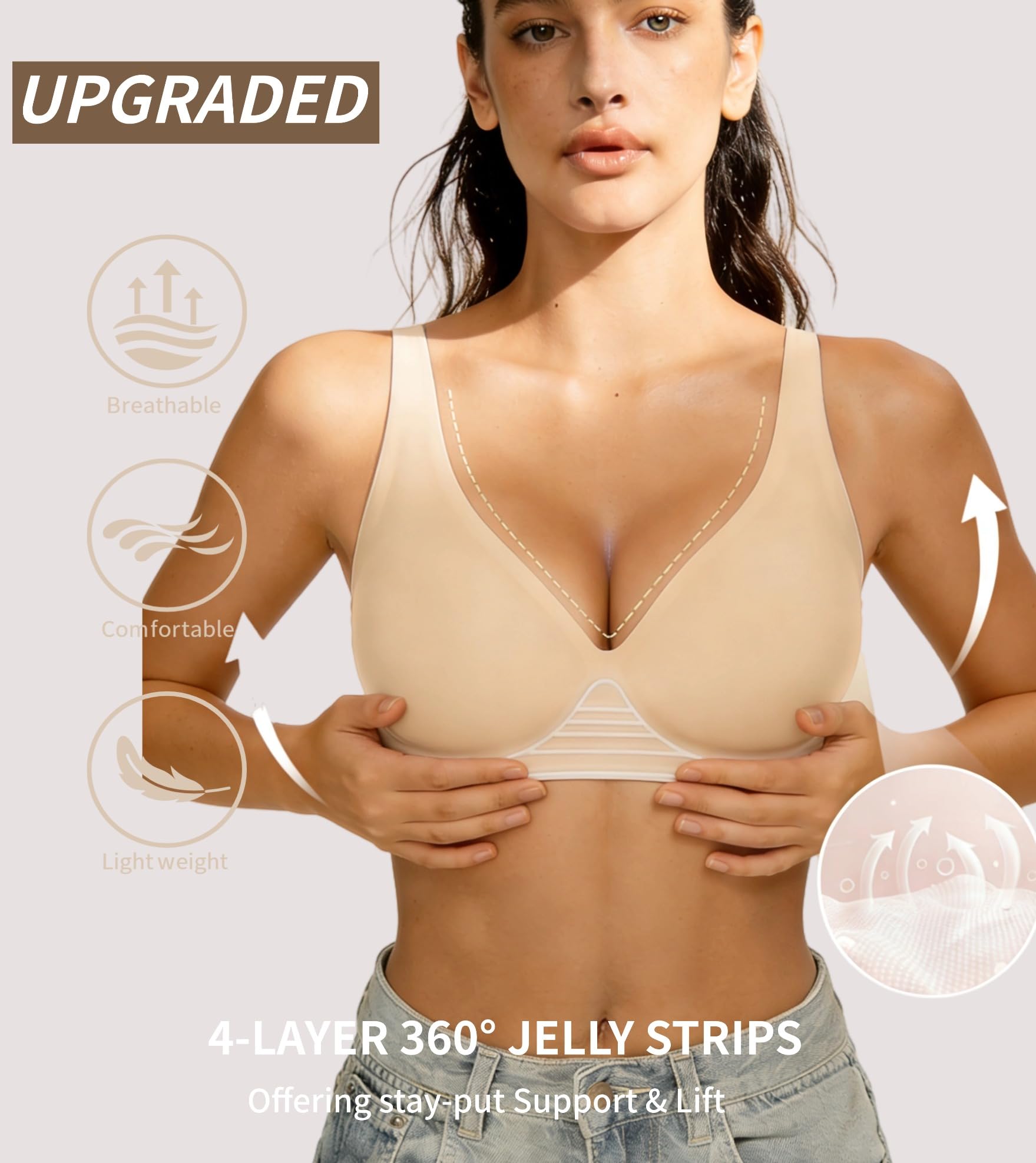 2026 Women Jelly Seamless Wireless Push Up Bras Deep V No Underwire Supportive Everyday Bra Full Coverage Plunge Bralettes Nude