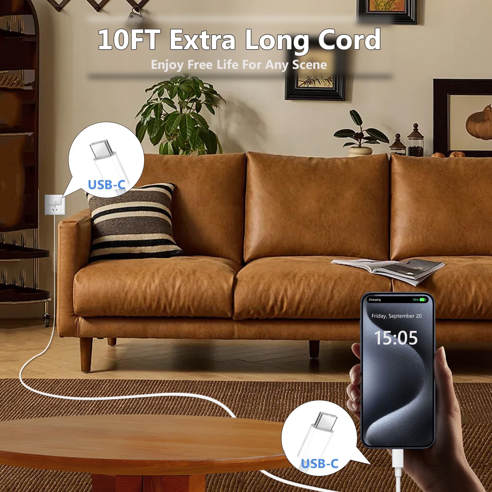 10FT USB C Cable for iPhone 17 16 15 Charger Fast Charging, Long USBC to C Charger Cable Cord with 20W Type C Fast Charger Block for iPhone 17 Pro Max/17Pro/16e/16 Pro/16 Plus/15/15 Pro max,iPad 2Pack