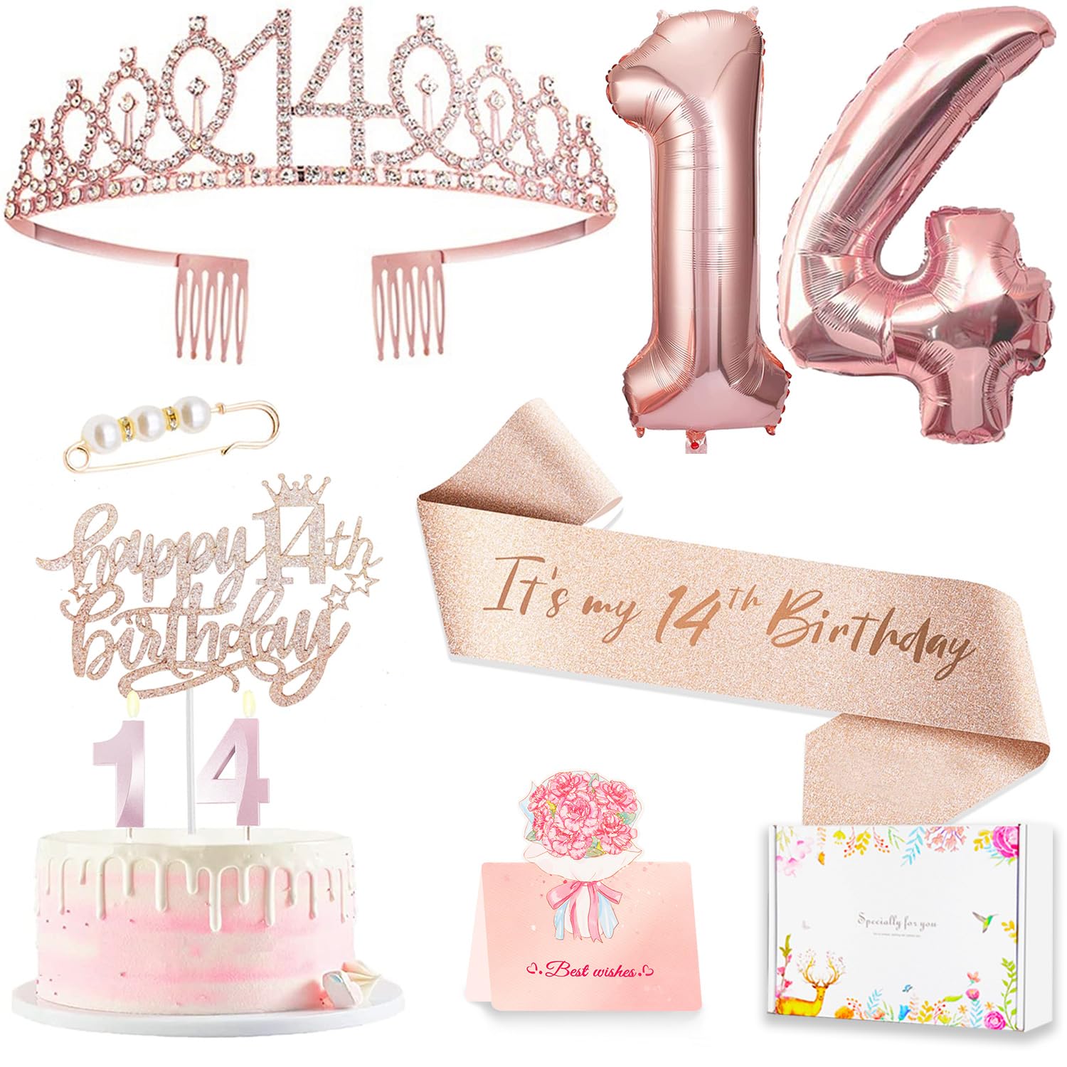 14th Birthday Decorations for Girls, 14th Birthday Sash and Crown, Cake Topper, Number Candles and Balloons, 14 Year Old Gifts for Girls
