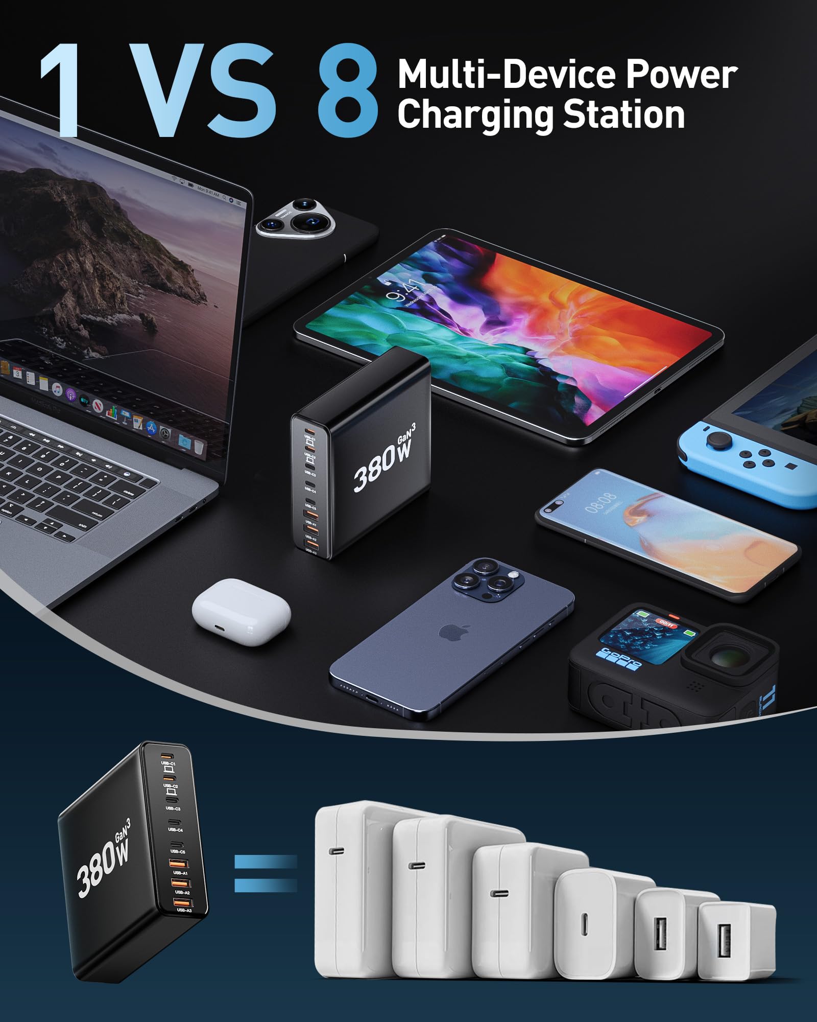380W USB C Charger Block,with 4 USB Cables 8-Port USB C Charging Station Dual 100W Laptop Charger Fast Charger Type C Charging Block for MacBook Pro, Dell XPS, iPhone, iPad, Tablet (Bright Black)