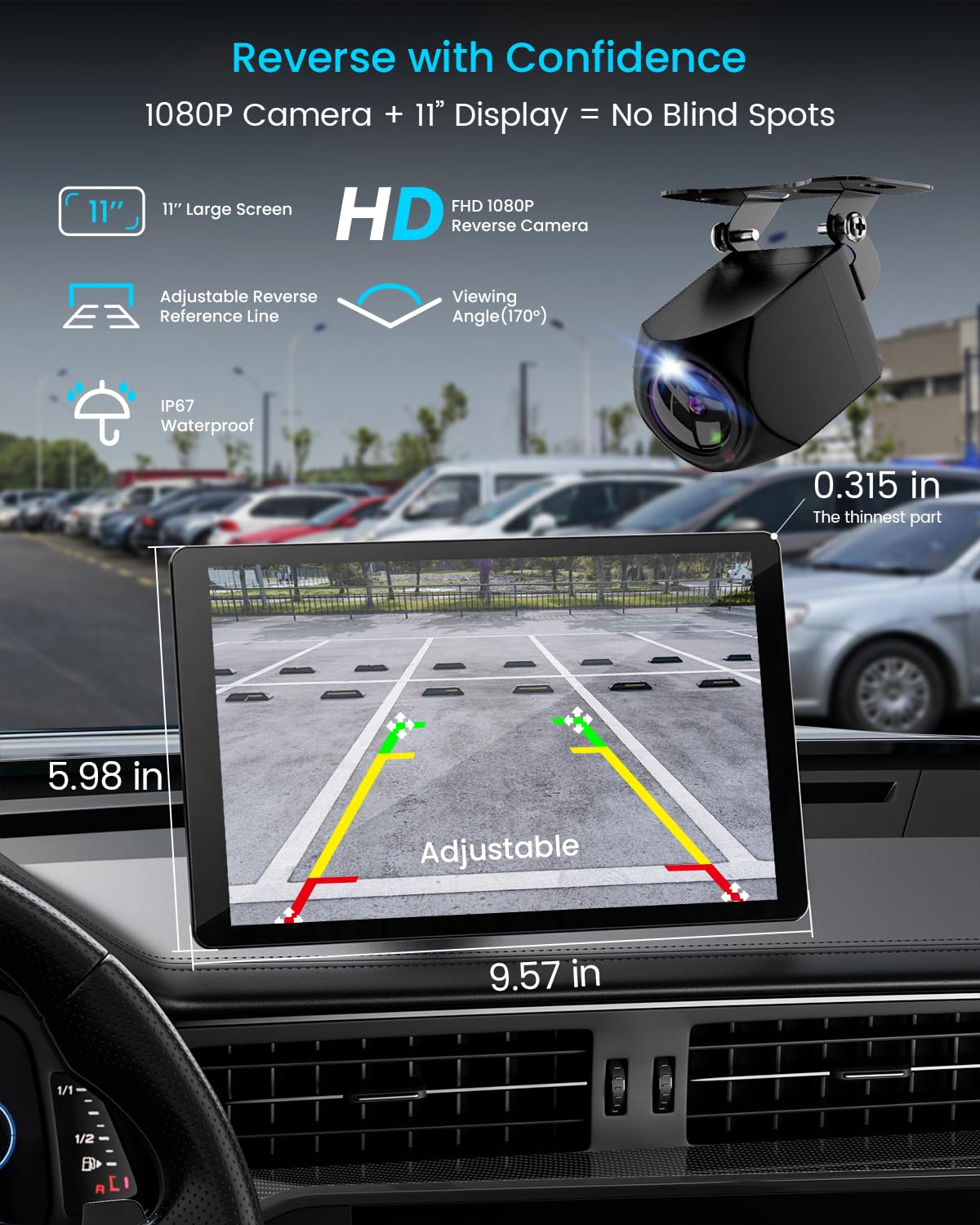 11" Extra Large Wireless Apple CarPlay Screen for Car – Ultra-Slim 0.16 Inch Touchscreen Car Stereo with Android Auto, 4K Dash Cam, 1080p Backup Camera, GPS, Mirror Link, Voice Control