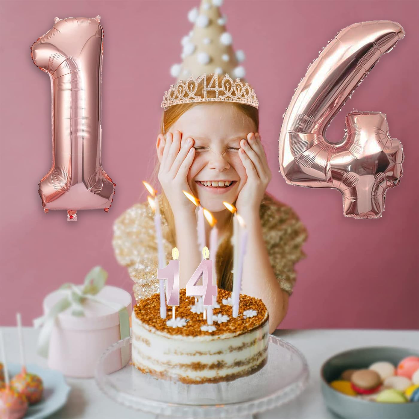 14th Birthday Decorations for Girls, 14th Birthday Sash and Crown, Cake Topper, Number Candles and Balloons, 14 Year Old Gifts for Girls