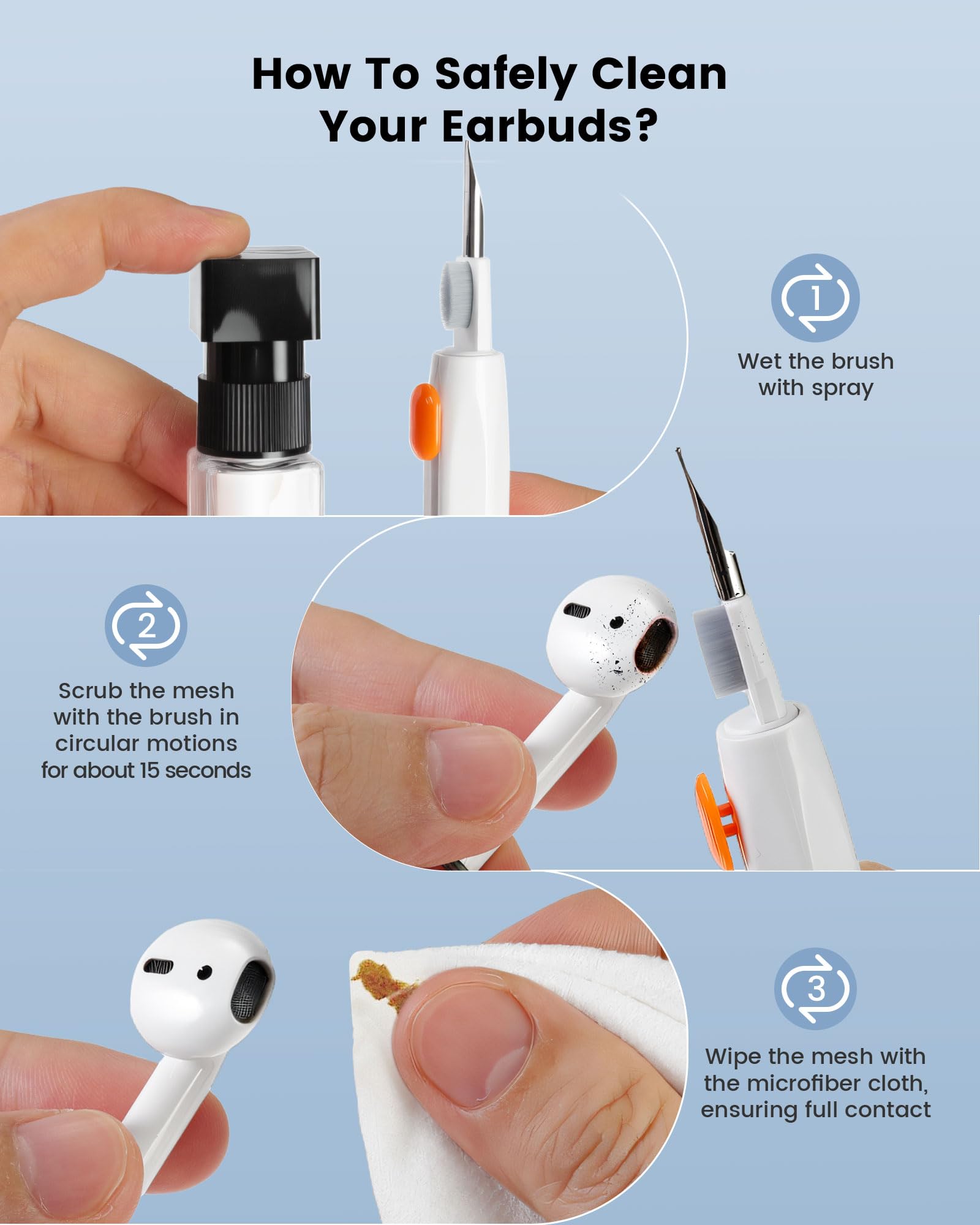 20-in-1 for AirPod Cleaner Kit Pro 4 3 2 1 - Multifunction Cleaning Tool for Headphones Earbuds Phone Laptop Keyboard Screen - Metal Tip, Soft Brush, Flocking Sponge, 15ml Spray, Cloth, Putty