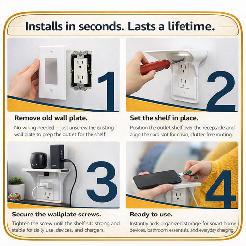 (2 PACK) Outlet Shelf with Cord Storage – Wall Mount Organizer for Echo Dot, HomePod Mini, Alexa and Smart Home Devices – Bathroom Space Saver, Renter-Friendly for Kitchen, Bedroom, Office