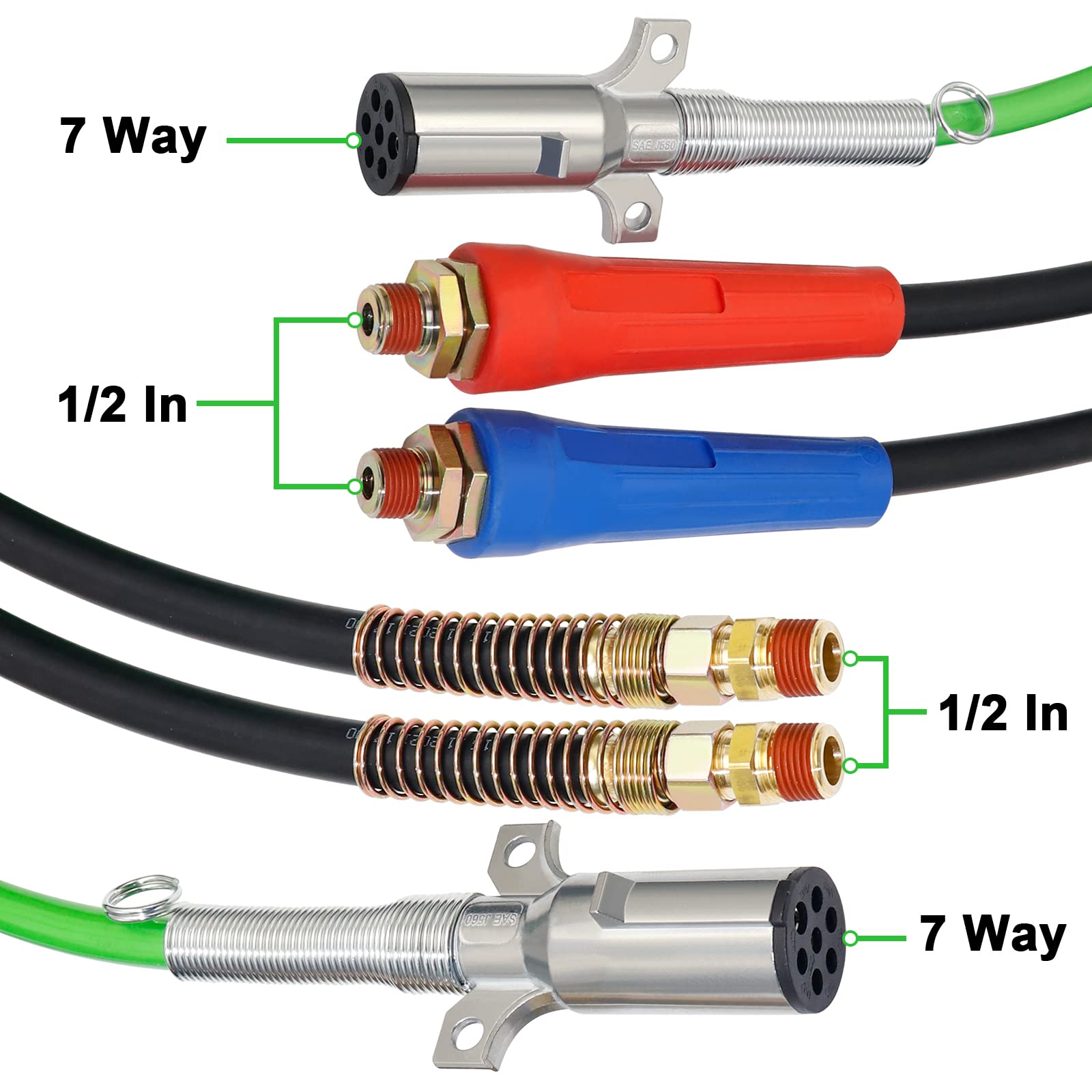 15FT Air Line Hose Kits, Dazakoot 3 in 1 Air Line for Truck Tractor Trailer, 7 Way ABS Electrical Cable and Semi AirLine Assembly with Aluminum Extension Handles and Emergency Glad Hands