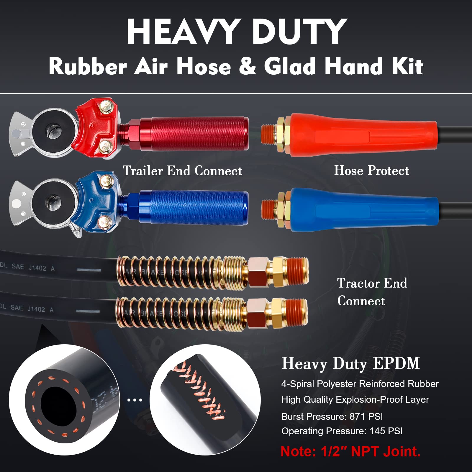 15FT Air Line Hose Kits, Dazakoot 3 in 1 Air Line for Truck Tractor Trailer, 7 Way ABS Electrical Cable and Semi AirLine Assembly with Aluminum Extension Handles and Emergency Glad Hands