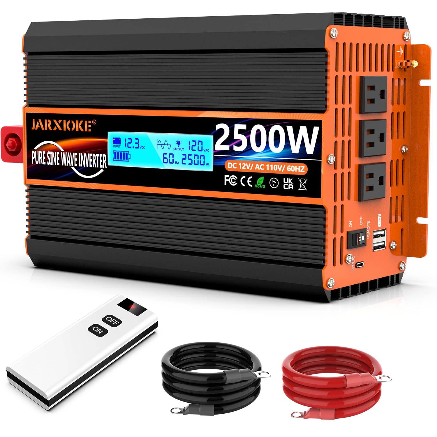 2500 Watt Pure Sine Wave Power Inverter 12V DC to 110V 120V Converter for Family RV Off Grid Solar System Car with Type-C Ports 3 AC Power Outlets Dual USB Ports LCD Display Wireless Remote Control