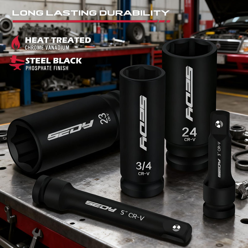 29-Piece 1/2" Drive Impact Socket Set, SAE (3/8 to 1 inch) and Metric (10-24mm) Sizes with Extension Bars Standard Deep Socket Set CR-V Material High Durability Impact Wrench