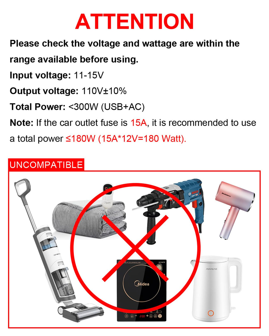 300W Car Power Inverter - YSOLX Dual DC 12V to 110V AC Car Outlet Adapter to Wall Plug, 24W Fast Charging USB-C&USB-A, Portable Charger Converter with for Laptops, Phones