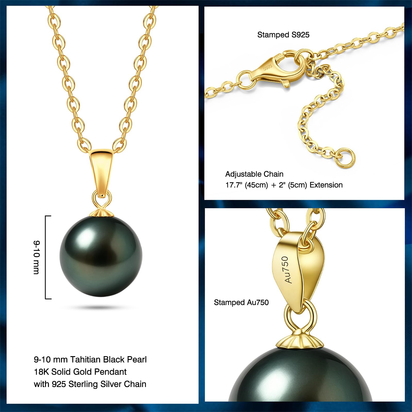 18K Solid Yellow Gold Tahitian Black Pearl Necklace Pendant with Sterling Silver Chain, AAAAA 9-10mm Ocean-Grown Pearls - Christmas Gift for Wife Mom, Women Jewelry for Wedding Anniversary Birthday