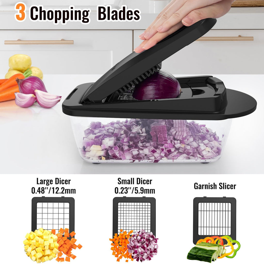 12 Blade All-in-1 Vegetable Chopper Mandoline Slicer with Container, Spiralizer with Containers, Food Chopper, Onion Chopper, Veggie Cutter for Salad, Kitchen Gadgets Accessories Essentials, Black
