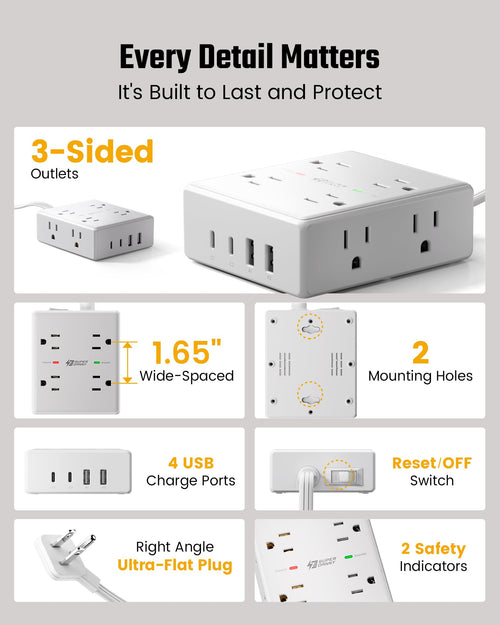 10Ft Extension Cord with Multiple Outlets, Flat Plug Surge Protector Power Strip 10 Ft Long Cord, 8 Outlets & 4 USB Ports (2 USB C), Desk Charging Station for Home Office, College Dorm Room Essentials