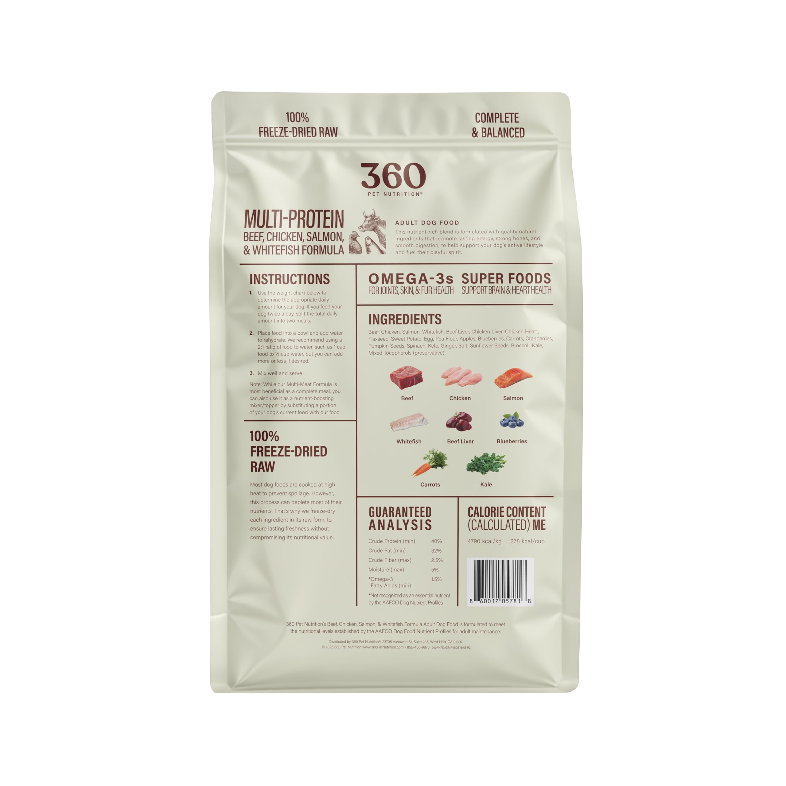 360 Pet Nutrition Freeze-Dried Raw Dog Food – Multi-Protein with Beef, Chicken, Fish, Liver & Organs, High Protein, Omega-3s, Fruits, Veggies & Superfoods, Grain-Free, No Fillers, 3 lb – Made in USA