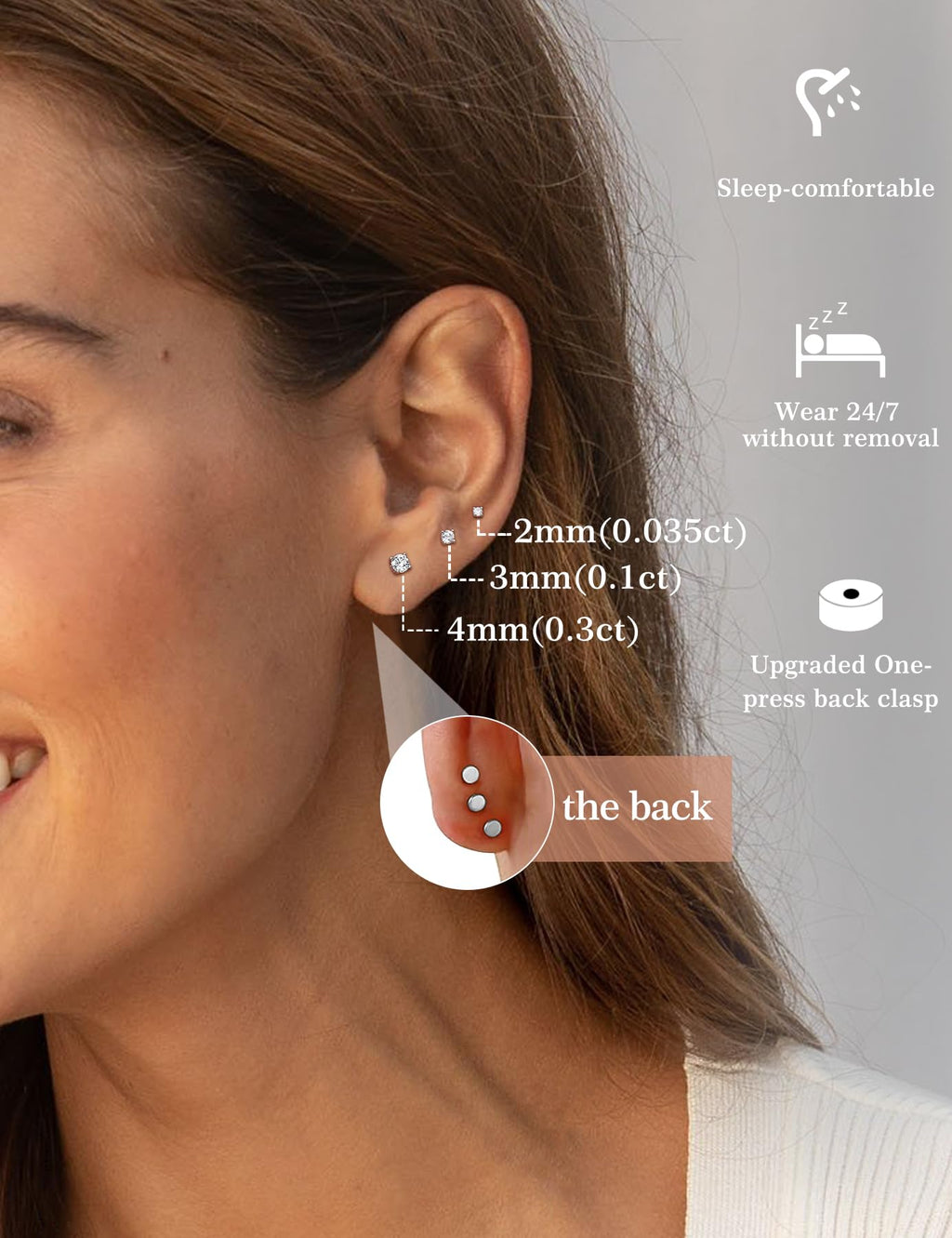 3 Pairs Moissanite Flatback Stud Earrings for Women, 925 Sterling Silver Hypoallergenic Flat Back Cartilage Earrings Set, 18K White Gold Plated (2,3,4mm)