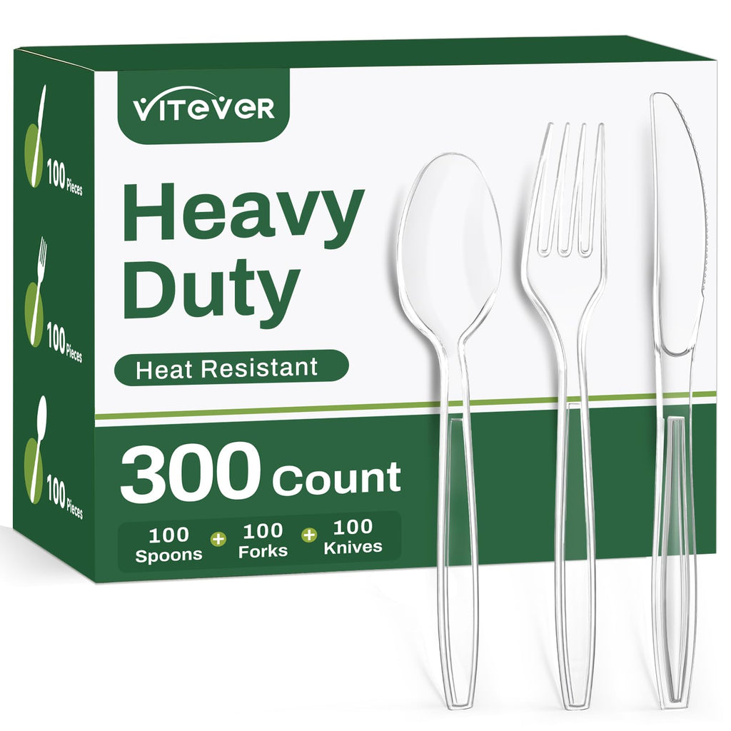300 Count Heavy Duty Clear Plastic Silverware, Disposable Plastic Utensils Set, 100 Forks, 100 Spoons, 100 Knives, BPA-Free Heat Resistant Durable Plastic Cutlery Set for Party