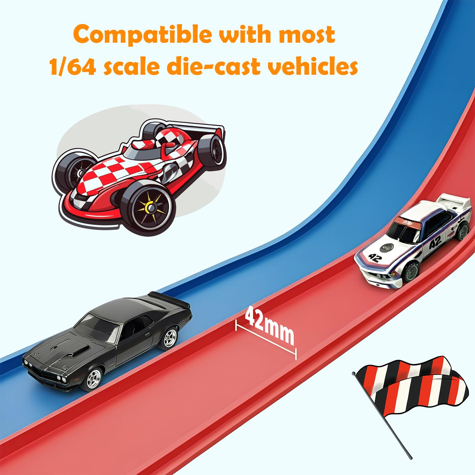 15 Ft Flexible Race Track for Kids 3+, Certified Safe Flex Race Car Ramp with Two 1/64 Diecast Cars — Starter Set, Portable Roll-Up Racetrack with Strong Suction Cups, Great Gift for Boys Girls