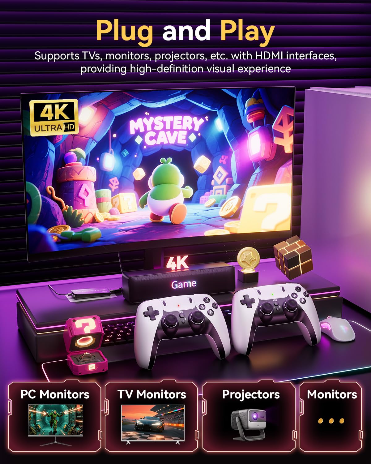 2026 Upgraded Retro Gaming Console, 20,000+ Retro Game Stick, 23 Emulators, 4K HD HDMI TV Game Stick, Built-in Classic Video Games, Plug & Play Game Console for TV 2 Wireless Controllers (Black)