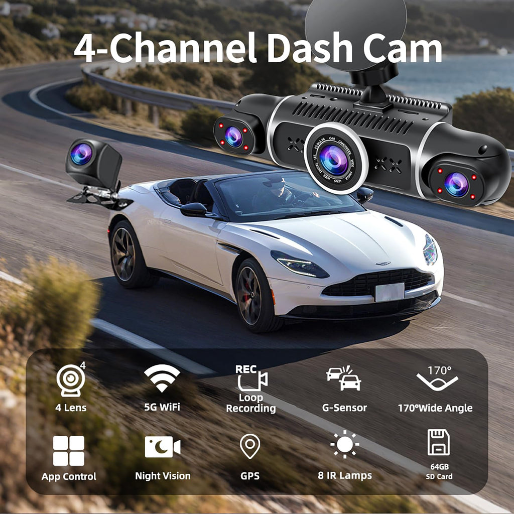 360° Dash Cam Front and Rear View 4 Channel Dash Camera FHD 2K+1080Px3 for Car, Inside/Back 170°+2x150°+170° Wide Angle, 8 IR Lamps Night Vision,WiFi,GPS, APP,G-Sensor with 64GB Card,24/7 Parking Mode