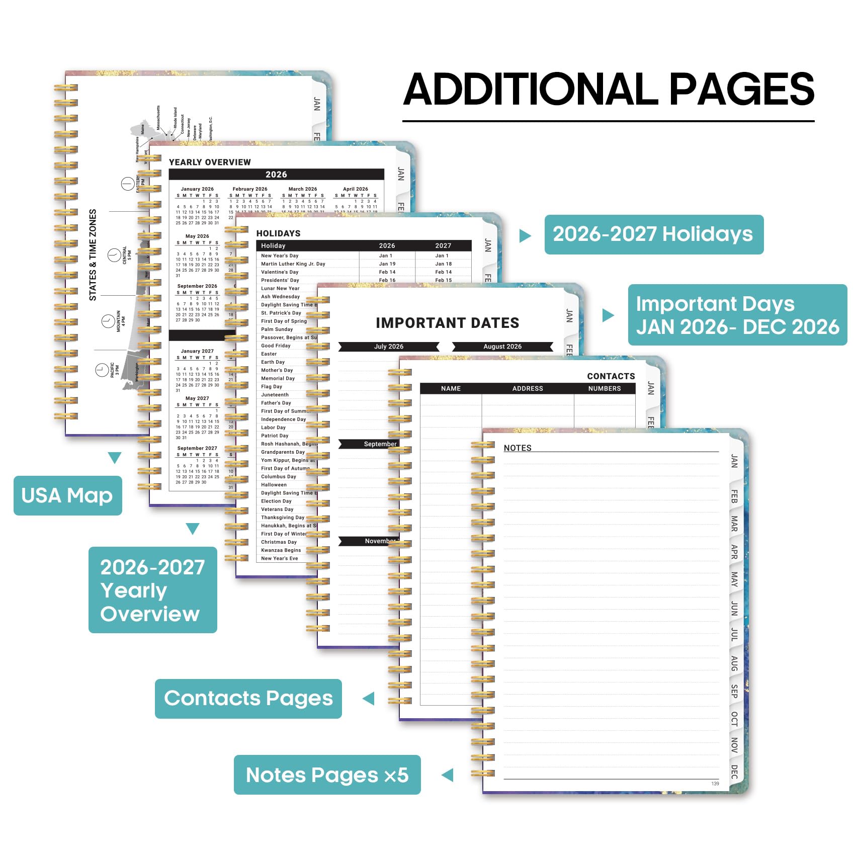 2026 Planner, Weekly and Monthly Calendar Planner Book, January 2026 - December 2026, Hardcover Spiral Planner with Monthly Tabs, Notes Pages, Perfect for Women & Men, A5 (6.4" x 8.5") - Gold