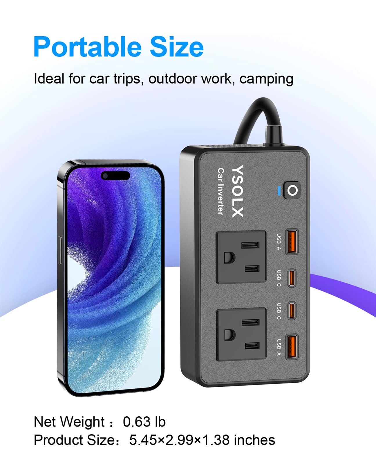 300W Car Power Inverter - YSOLX Dual DC 12V to 110V AC Car Outlet Adapter to Wall Plug, 24W Fast Charging USB-C&USB-A, Portable Charger Converter with for Laptops, Phones